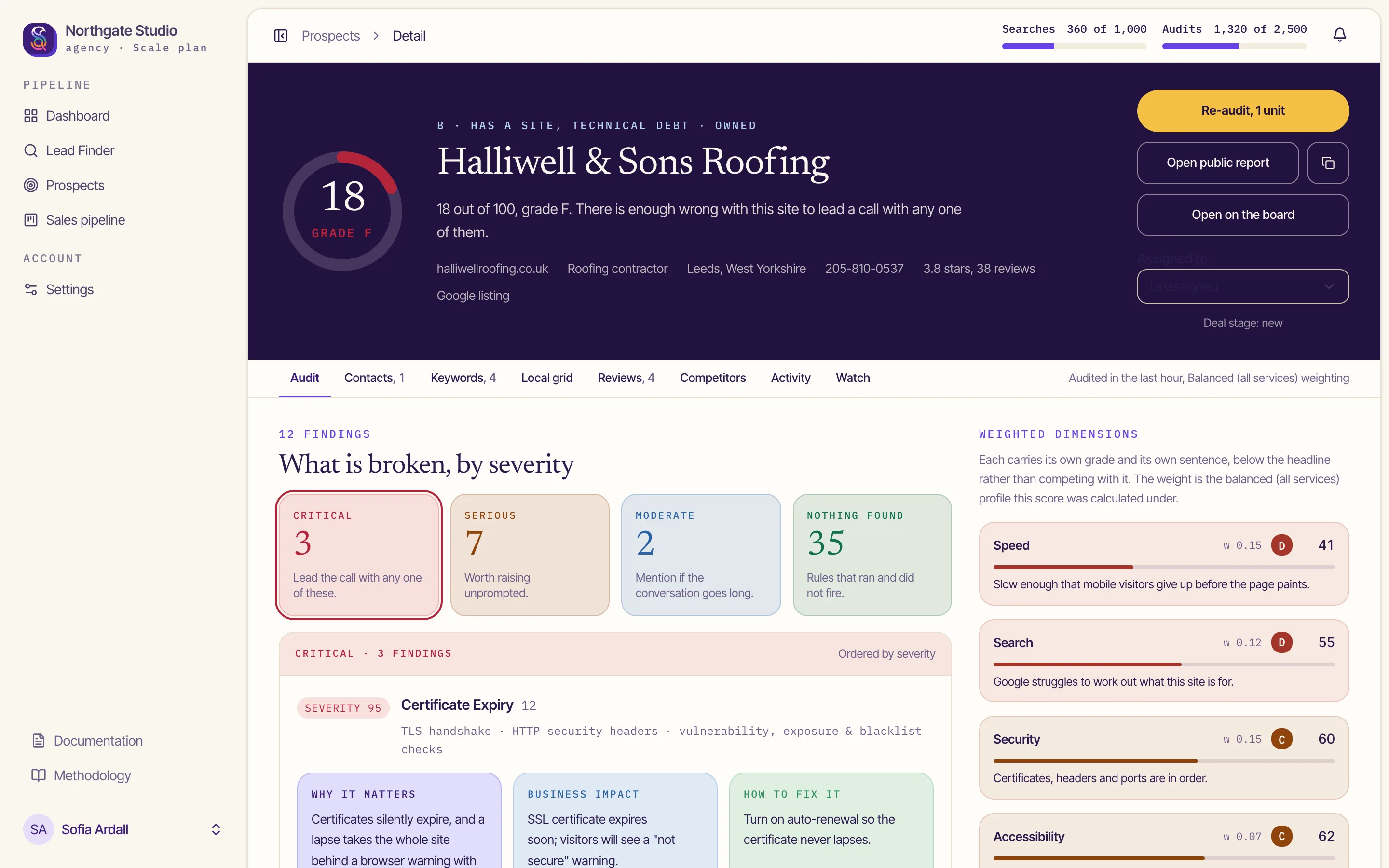 SiteAssay prospect detail screen