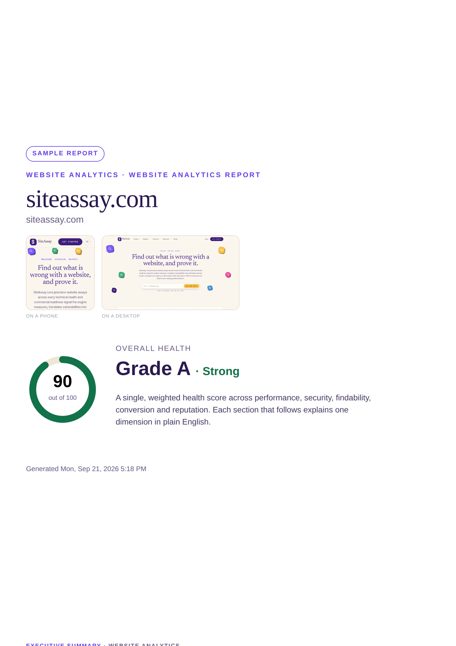 The cover of the sample report for siteassay.com, showing its overall health score